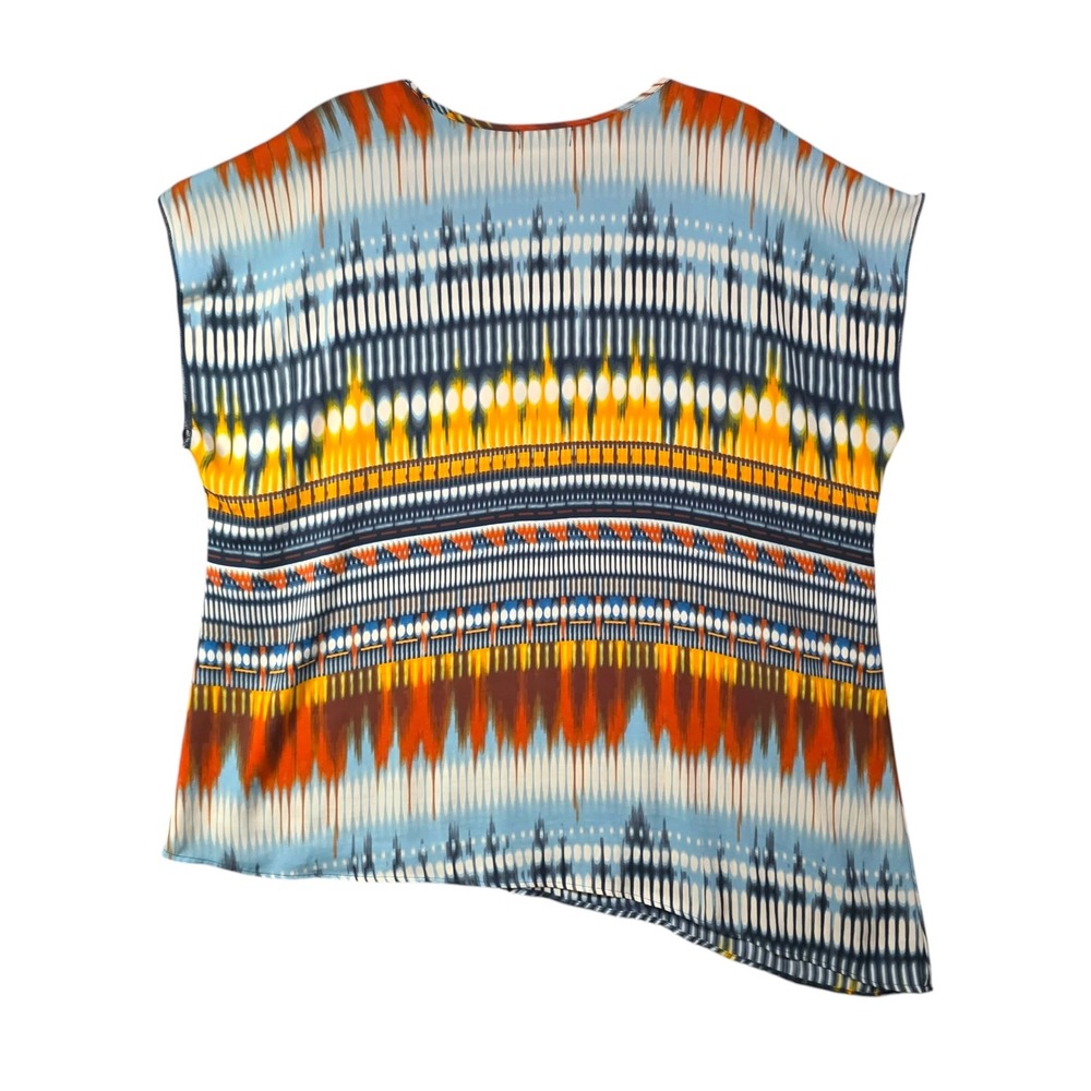 Love and Let Live Woman 2X Blue Yellow Ikat Geometric V-Neck Cap Sleeve Top - Picture 3 of 8